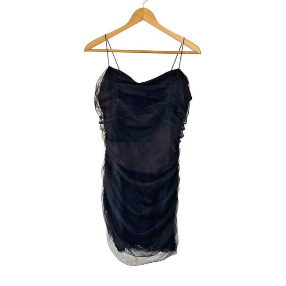 En Créme Vintage Black Ruched Sheer Mesh Spaghetti Strap Mini Dress - Picture 2 of 6